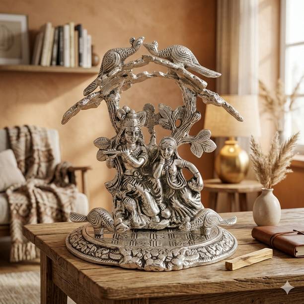 Velozen Divine Radha Krishna German Silver Idol for Home Decor Decorative Showpiece - 20.32 cm