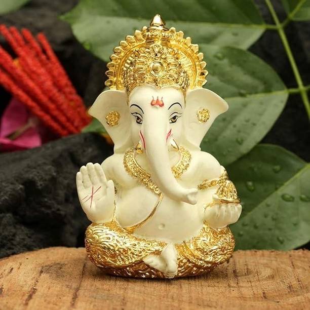 Twamev Ganesha Gold Finishing Idol | Ganesha Murti | Ganpati Idol | Home Decor Decorative Showpiece  -  8.9 cm