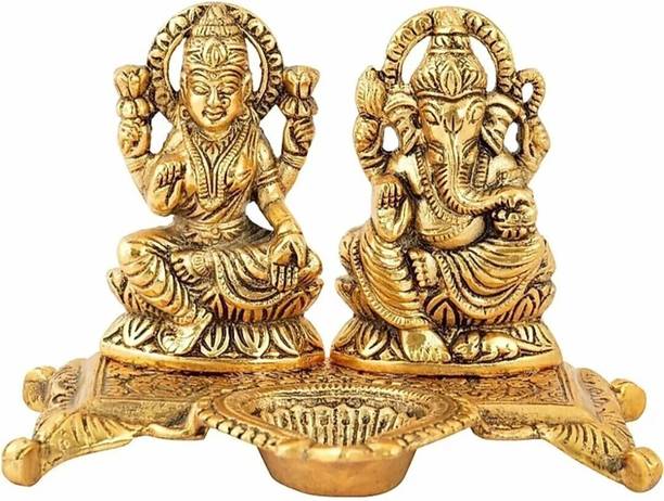 eCraftzone Brass Statue/Murti/Figure Diya Lord Lakshmi Ganesha Set Size 4.0" X 5.5"Inch Gold Plated Decorative Showpiece  -  10 cm