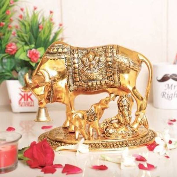 EliteTouch Gold Plated Kamdhenu Cow,calf with Bal Gopal Krishna Metal Statue for Good Luck Decorative Showpiece  -  10 cm