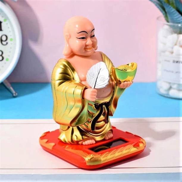 LAVITRA Blissful Solar Laughing Buddha with Holding Ingot and Waving Fan Moving Head डेकोरेटिव शोपीस  -  12 cm