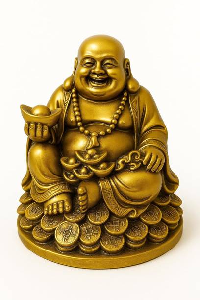 Inara INARA Creation Laughing Buddha Statue for Vastu, Sitting on Luck Money Coins Decorative Showpiece - 14 cm