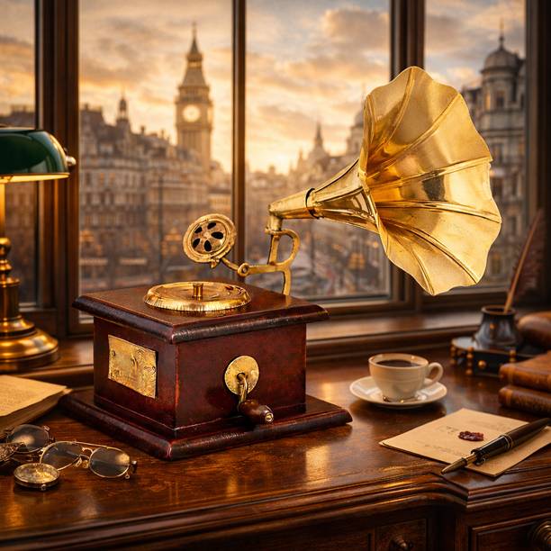 MAA BHAWANI HANDICRAFTS antique-showpiece-brass-wooden-gramophone-decorative Decorative Showpiece  -  20 cm