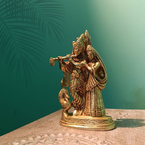 Antiqar Radha Krishna Brass Idol with Peacock | Home, Temple & Vehicle Decor डेकोरेटिव शोपीस  -  15 cm