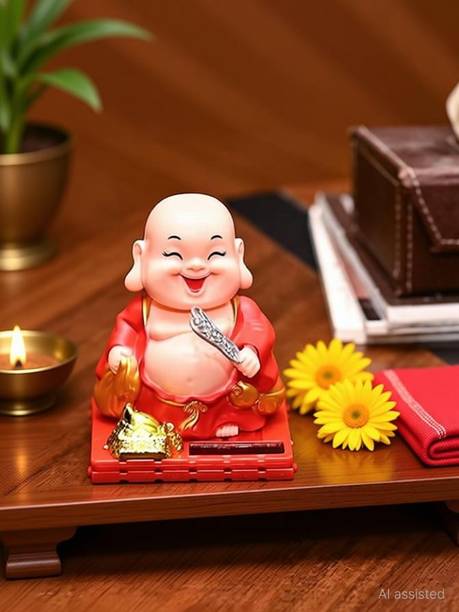 Laughing buddha Moving Head & Hand Solar Buddha Monk Holding Money Potli Decorative Showpiece - 8 cm