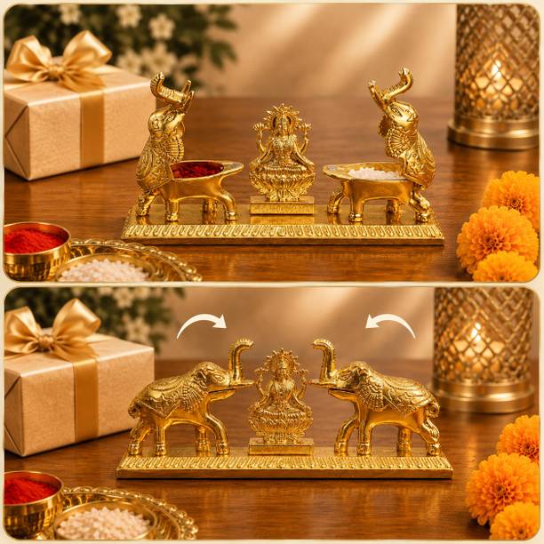 Chhariya Crafts Elephant Pair With Laxmi Chandan Roli Kumkum Box for Gift and Pooja Purpose Decorative Showpiece  -  7 cm