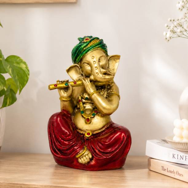 Aradhya divine Lord Ganesha Playing Flute Polyresin Statue | Golden Ganesh Ido Decorative Showpiece  -  12 cm