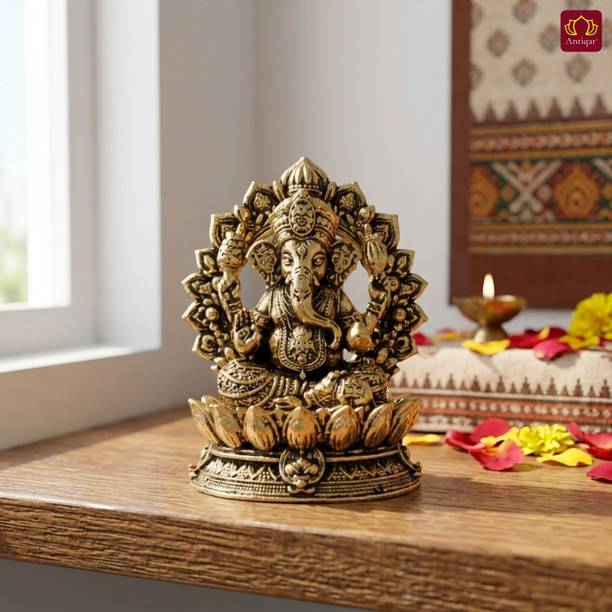Antiqar Brass Ganesh JI Idol | Spiritual Decor for Temple, Home & Car Decor Decorative Showpiece  -  4 cm