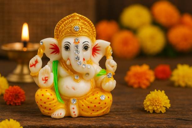 TrendTok Decorative Lord Ganesha Idol for Home & Car Dashboard | Polyresin Ganpati Murti Decorative Showpiece  -  7 cm
