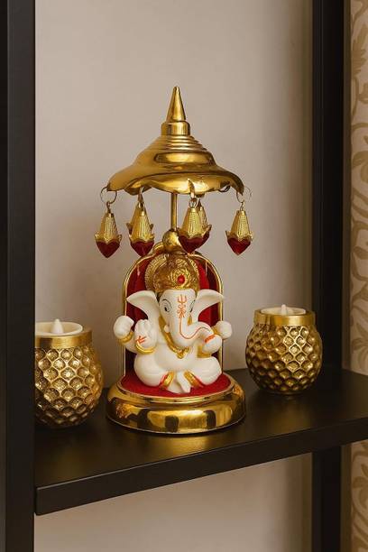 SVGG DECORS Ganesh Idol with Golden Singhasan & Canopy | Ganpati Murti for Home, Office Decorative Showpiece  -  15.4 cm