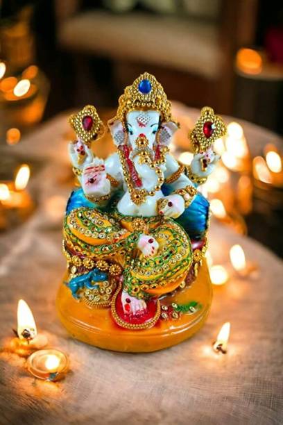 ANENTER Ganesh ji 6 Dressed Ganesh Chowki (Marble Dust) 7 Inches Ganesha Idol Statue Decorative Showpiece  -  18 cm