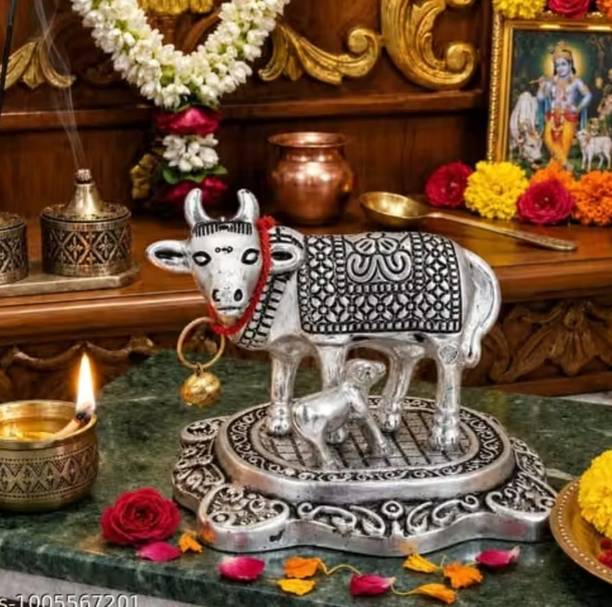 Aryan Divine Handicraft Small silver kamdhenu cow 007 Decorative Showpiece  -  7.5 cm