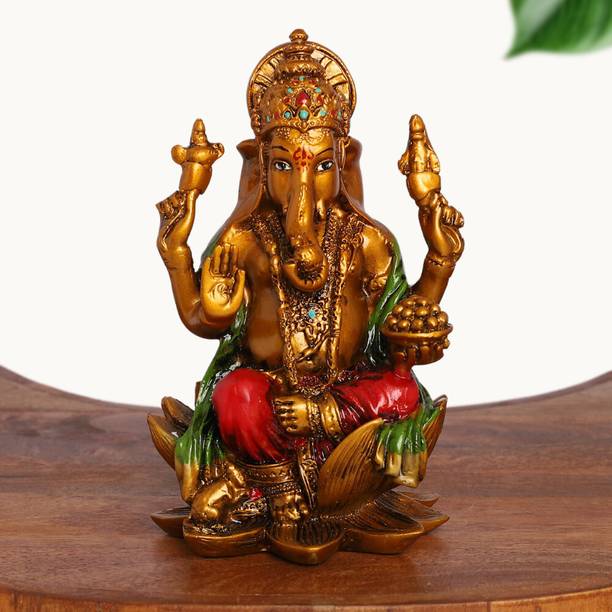 STARLIGHT Lord Ganesha on Lotus Idol – Polyresin Figurine for Home Decor, Puja & Gifting Decorative Showpiece  -  17.78 cm