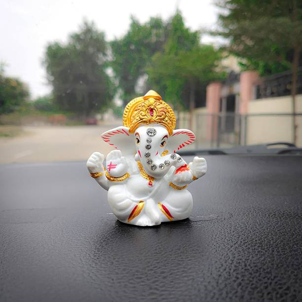avenew White Stone God Ganesha, Car Dashboard Ganesh Ganpati Decorative Showpiece  -  5 cm