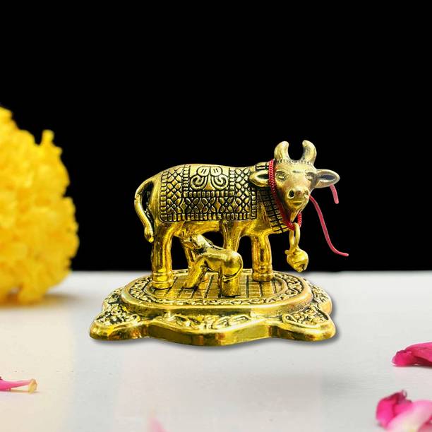 EliteTouch Metal Kamdhenu Cow with Calf For Home / Cow And Calf Statue / idol Decorative Showpiece  -  7 cm