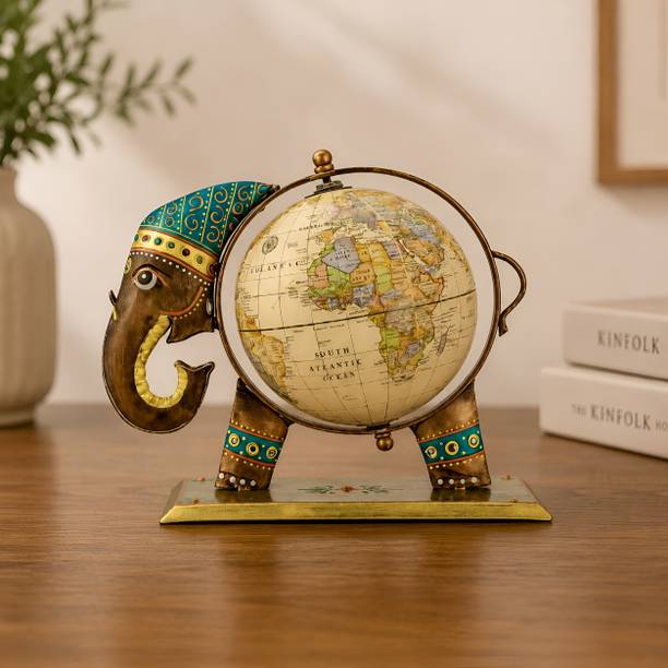 Desi Craft Decor Handcrafted Elephant Metal World Globe Showpiece for Home, Office & Study Decor Decorative Showpiece  -  17 cm