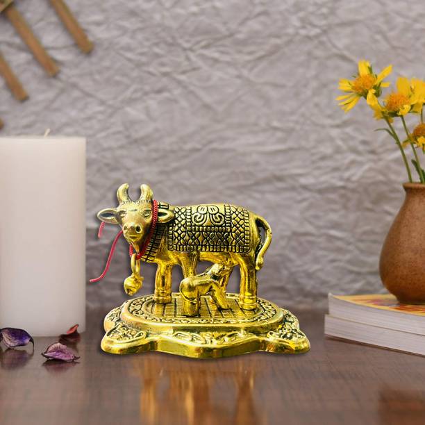 EliteTouch Small 7 CM Golden Kamdhenu Cow With Calf Statue,Cow and Calf Idol Decorative Showpiece  -  7 cm