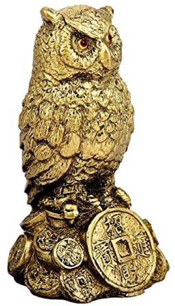 yogi Feng Shui Golden Owl Standing on a Pile of Coins Idol Statue for Good Luck Decorative Showpiece  -  12 cm
