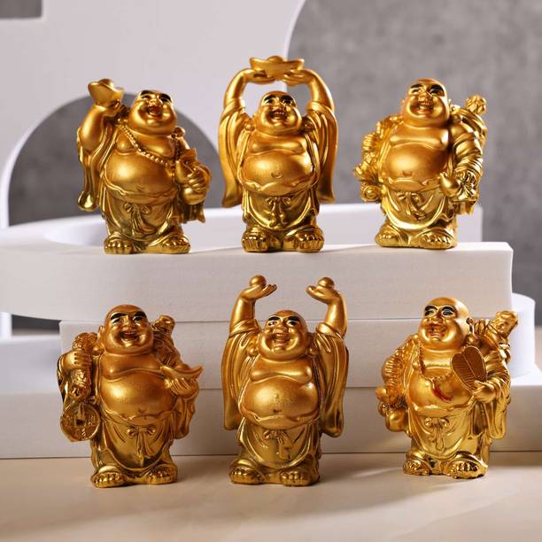 sculpmart Set Of 6 Mini Golden Laughing Buddha For Room Showcase ,Decor ,Money & Happiness Decorative Showpiece - 7 cm