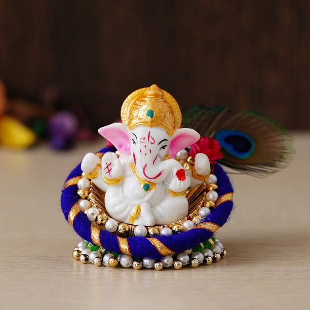 eCraftIndia Lord Ganesha Idol on Decorative Handcrafted Floral Plate for Home and Car Decorative Showpiece  -  7 cm
