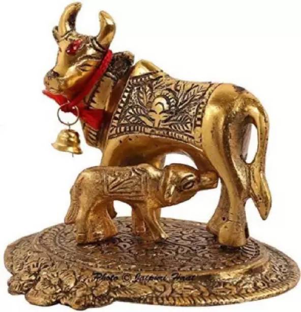 Aanshi shoppe Kamdhenu Oxidised Gold Finished Brass polish Cow and Calf Figurine Decorative Showpiece  -  10 cm