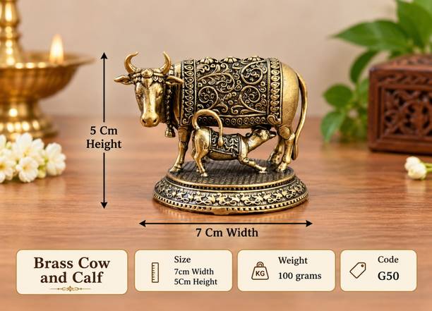 Samarth Brass idol cow and calf, cow, kamadhenu Decorative Showpiece  -  5 cm