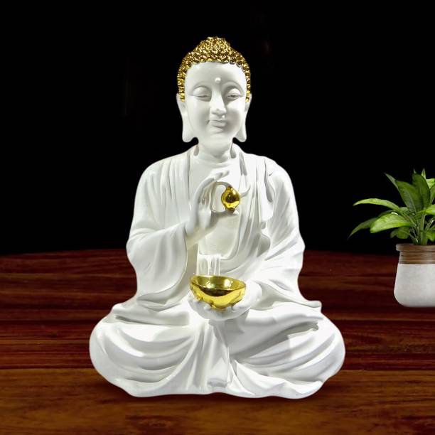 upharkaro Elegant White Resin Buddha Idol with Golden Bowl – Spiritual Home & Office Decor Decorative Showpiece  -  38 cm