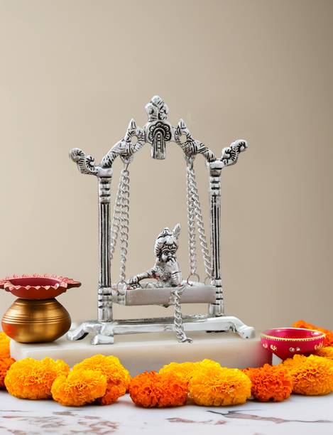 Hastcraft Laddu Gopal on Jhula Palna with String to Swing, Gold Plated Gift Krishna Statue Decorative Showpiece  -  19.5 cm