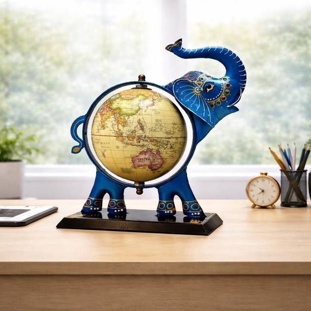 Desi Craft Decor Antique Blue Elephant Globe Metal Showpiece for Home & Office Table Decor डेकोरेटिव शोपीस  -  25 cm