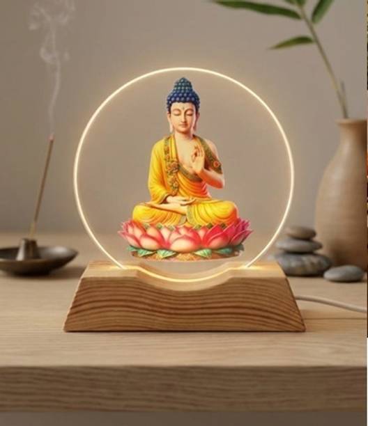 PAYSTORE Lord Buddha 3D Acrylic LED Night Lamp with Premium Wooden Base & USB Cable Decorative Showpiece  -  9 cm