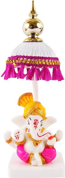 jagriti enterprise Ganesh Ji Idol marble Statue Car Dashboard gold Umbrella,office/study/Room Decorative Showpiece  -  17.5 cm