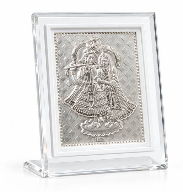 Akshat Sapphire 999 Pure Silver Radha Krishna Artwork Frame for Home Mandir and Festive Gifting Decorative Showpiece  -  7.8 cm