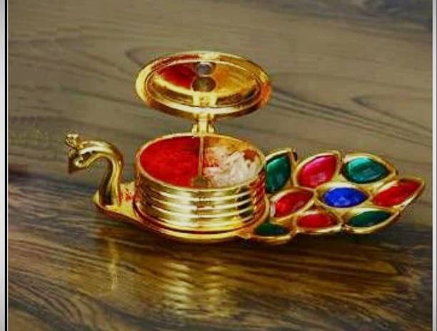 EliteTouch Peacock Design Sindoor Dani, Gold Plated Duck, Double Swan Golden Metal Decorative Showpiece  -  4 cm
