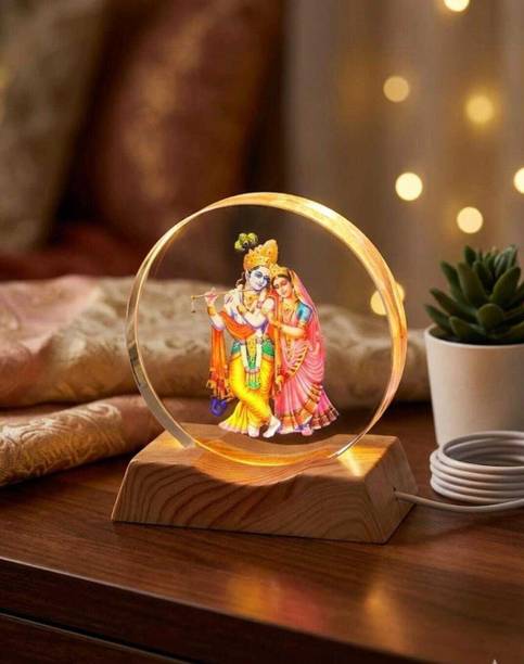 Hunaysa Radha Krishna Acrylic Night Light with Wooden LED Base Decorative Showpiece - 7 cm