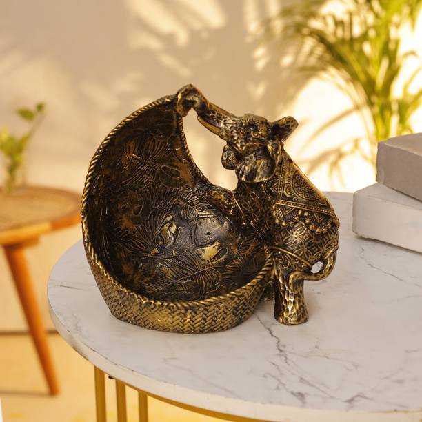 UK Handcrafts Antique Gold Finish Resin Elephant Figurine with Storage for Keys Coins Decorative Showpiece  -  17 cm