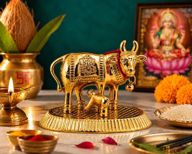 Sawariya crafted Golden Kamdhenu Cow with Calf Idol for Home Temple & Pooja Decor Decorative Showpiece - 7 cm