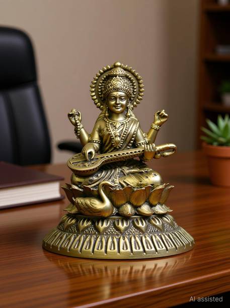SHILPKALA 2.7Inch Brass Ultra Fine Saraswati Brass Idol Home & Office Decor Worship & Gift Decorative Showpiece  -  7 cm