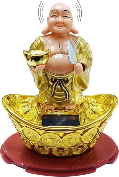 Shubhanjali Prmanchi PNOTED Solar Laughing Buddha Waving Fan & Moving Head for Feng Shui Decorative Showpiece  -  15 cm
