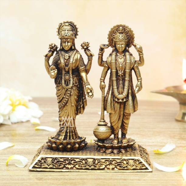 The Mahadev Metals Brass Lakshmi Narayan Idol | Gold Finish Vishnu Lakshmi Statue Decorative Showpiece  -  10 cm
