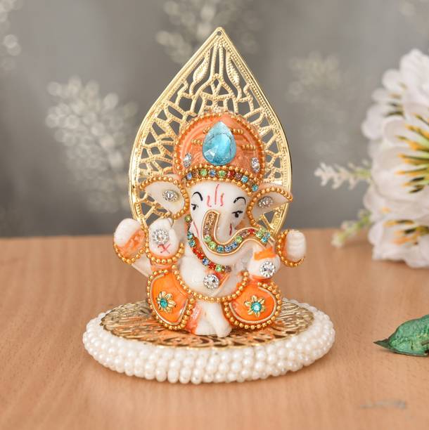 UniqueArt Ganesha Idol On Decorative Rose Flower Plate- for Home Decor Car Dashboard Decorative Showpiece  -  7 cm