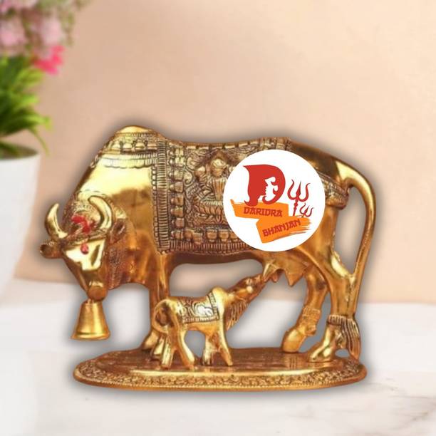 DARIDRA BHANJAN Golden Kamdhenu Cow with Calf Statue, Cow and Calf Idol,Holy Spiritual Showpiece Decorative Showpiece  -  10 cm