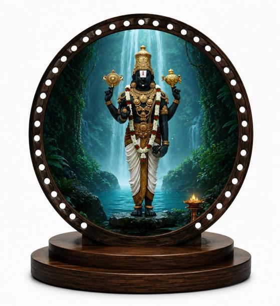 Shine Creation Tirupati Balaji Wooden Table Decor | Lord Venkateswara Swamy Premium Round MDF Decorative Showpiece  -  10 cm