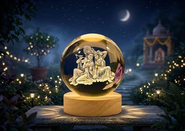 shukaam 3D Radha Krishna Crystal Ball LED Lamp with Wooden Base | Night Light Decorative Showpiece - 8 cm