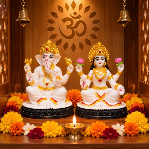 Anyzone Crafting Lakshmi Ganesh Murti Set of 2 White Gold God Idol for Home Diwali Pooja Decor Decorative Showpiece  -  7 cm