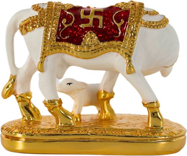 Natriel Kamdhenu Cow Statue with Calf - Spiritual Prosperity Home Accent Decorative Showpiece  -  5.5 cm