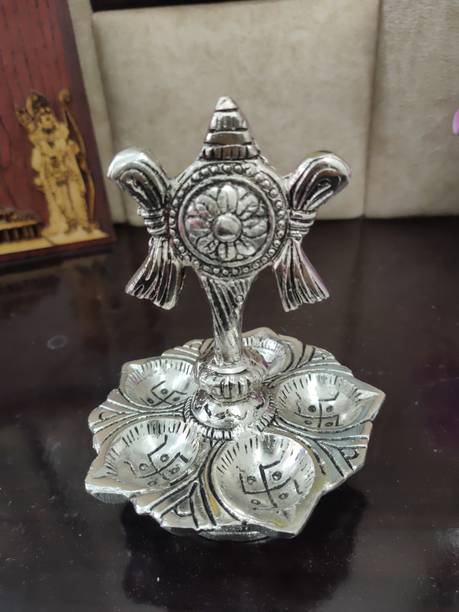 Koolwal craft Tirupati Balaji Vilakku Panch Mukhi Silver colour Diya with Shanku Stand Silver Plated Table Diya