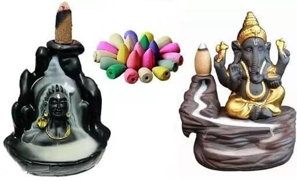 reeldot COMBO Adiyogi and Ganesh Smoke Fountain Incense Holder Burner with 20 Cone डेकोरेटिव शोपीस  -  13 cm