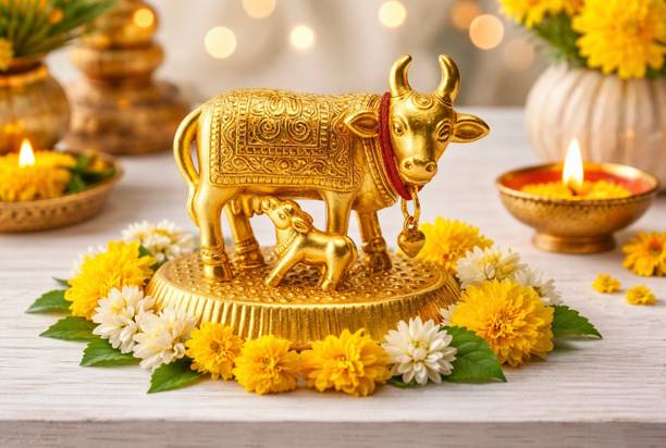 Sawariya crafted Gold Finish Kamdhenu Cow & Calf Idol for Home Temple | Vastu & Pooja Decor(7 cm) Decorative Showpiece  -  5.5 cm
