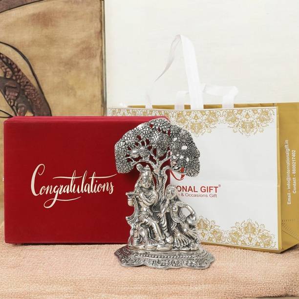 INTERNATIONAL GIFT Silver Plated Radha Krishna Tree Idol | Congratulation Tag With Box | For Pooja Decorative Showpiece  -  18 cm