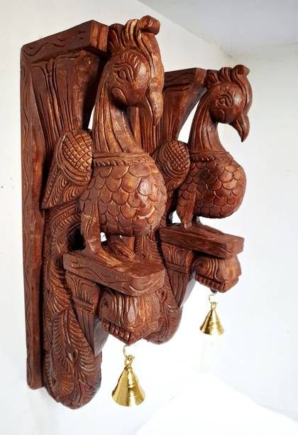 JlineArts Wooden Peacock Wall Bracket Set of 2 with Brass Bells 18 Inch Decor Decorative Showpiece  -  45 cm